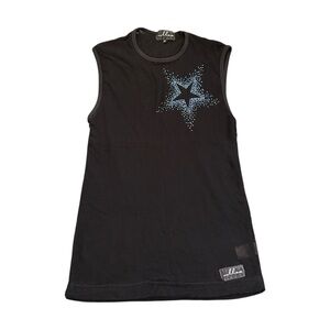 Vintage 90s Goth Black Mesh Blue Rhinestone Star Muscle Tee/Tank Clubwear Medium